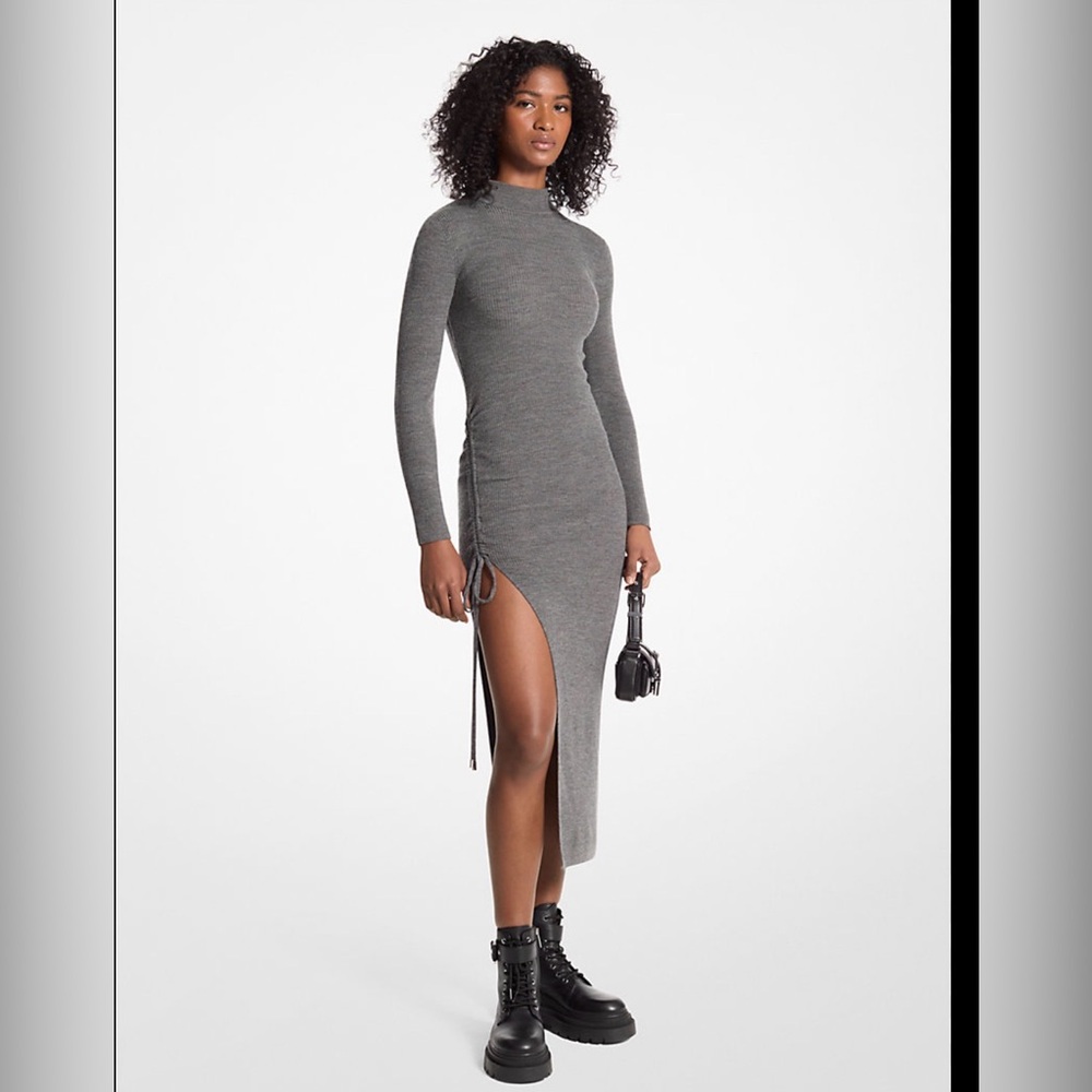Michael Kors Gray Ribbed High-Slit Mock Neck Dress